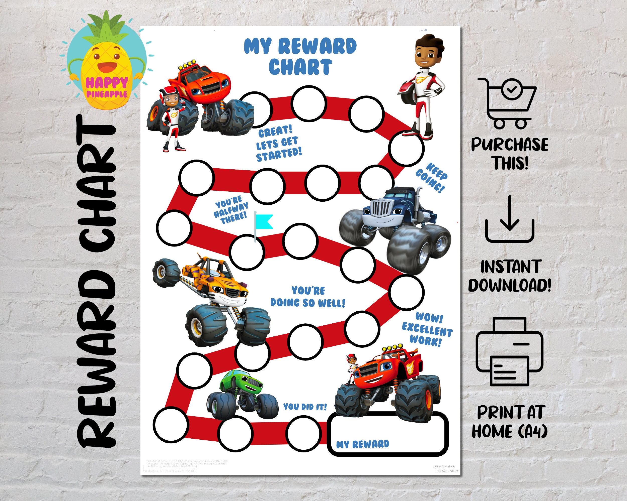Blaze Monster Truck Themed Reward Chart for Kids, Chore Chart
