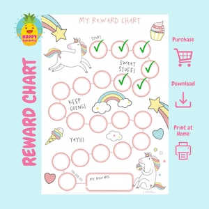 Puede incluir: Un gráfico de recompensas imprimible con temática de unicornio con un arcoíris, estrellas y un unicornio. El gráfico tiene círculos para colorear como recompensas por completar tareas. El texto en el gráfico dice "Mi gráfico de recompensas", "Comenzar", "¡Sigue así!" y "¡Dulces!"