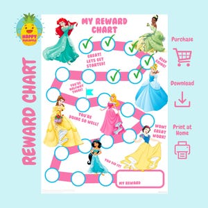 Beloningstabel meisjes prinses voor kinderen, karweikaart, gedragskaart, afdrukbare beloningskaart, stickerkaart, beloningskaart meisjes