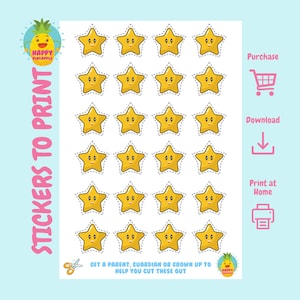 May include: Printable sheet of 25 yellow star stickers with happy faces. The sheet includes instructions to purchase, download, or print at home.  Get a parent, guardian, or grown up to help you cut these out.