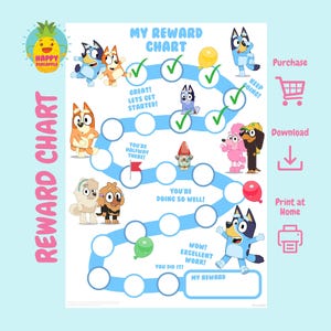 Bluey Belohnungstabelle | Druckbare Verhaltenstabelle | Chart für die tägliche Hausarbeit | Kids Routine Sticker Chart |  Belohnung Aufgaben Tabelle | Aufkleber chart