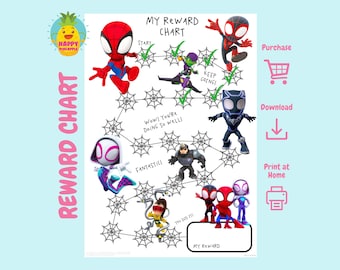 Könnte beinhalten: Ein druckbarer Belohnungs-Chart mit Spider-Man-Charakteren. Der Chart hat ein Spinnennetz-Design mit Kontrollkästchen und Platz zum Schreiben. Der Text auf dem Chart lautet "My Reward Chart", "Start", "Keep Going", "Wow! You're Doing So Well!", "Fantastic!", "You Did It!", "My Reward", "Purchase", "Download", und "Print at Home".
