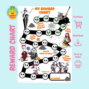 May include: A printable reward chart featuring characters from The Nightmare Before Christmas. The chart has a black and white background with colourful characters. The chart has a path with checkboxes to mark off progress. The chart includes the text "My Reward Chart".