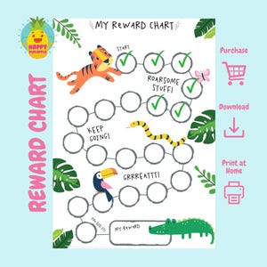 May include: A printable reward chart featuring a jungle theme with a tiger, snake, toucan, and crocodile. The chart has a series of circles to be filled in as rewards are earned. The text on the chart includes "Start", "Keep Going", "Roar-some Stuff", "Grrrreattt", "You Did It", and "My Reward".