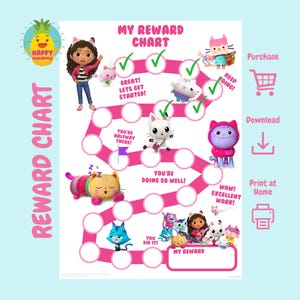 Gabby's Dollhouse-beloningstabel voor kinderen, karweigrafiek, gedragsgrafiek, digitale download, directe download, stickergrafiek, beloningsgrafiek