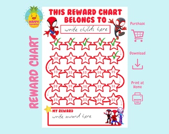 Könnte beinhalten: Ein druckbarer Belohnungs-Chart mit einem rot-schwarzen Comic-Superhelden. Der Chart hat 25 Sterne mit den Zahlen 1-25. Der Text "Dieser Belohnungs-Chart gehört zu" und "Meine Belohnung" ist enthalten.