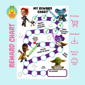 May include: A colorful reward chart featuring cartoon characters and the text "MY REWARD CHART". The chart has a purple path with checkmarks and motivational phrases like "GREAT!" and "YOU DID IT!". A "Happy Pineapple" logo is in the top left.