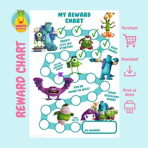 Puede incluir: Un cuadro de recompensas imprimible con personajes de la película Monsters, Inc. El cuadro tiene un camino con círculos para colorear a medida que un niño completa tareas. El cuadro incluye el texto "My Reward Chart", "Great! Let's Get Started!", "You're Halfway There!", "You're Doing So Well!", "Wow! Excellent Work!", "You Did It!", "Keep Going!" y "My Reward".