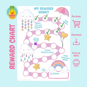 Tabla de recompensas Nubes y Arcoíris para niños, Tabla de tareas, Tabla de comportamiento, Descarga digital, Descarga instantánea, Tabla de pegatinas.