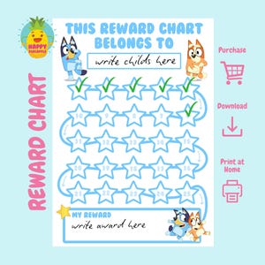May include: A printable reward chart featuring a blue dog and a brown dog. The chart has 25 stars with checkboxes next to the first three stars. The chart says "This reward chart belongs to" and "My reward".