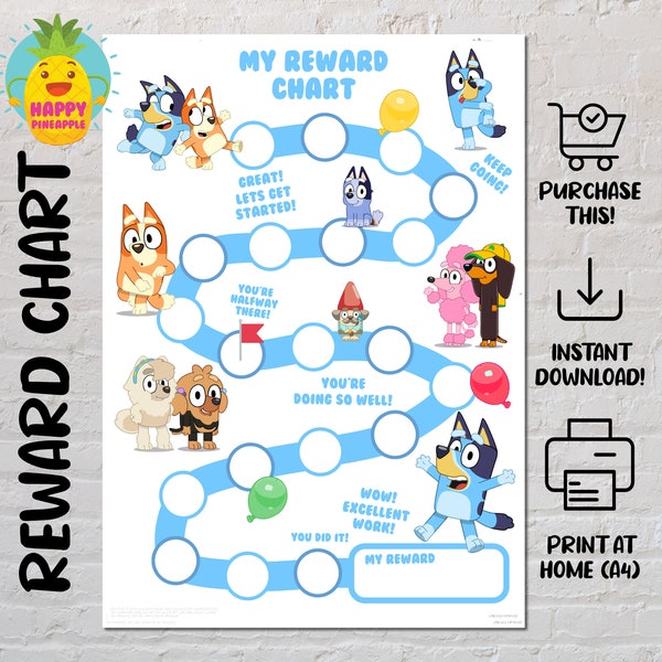 Bluey Belohnungstabelle | Druckbare Verhaltenstabelle | Chart für die tägliche Hausarbeit | Kids Routine Sticker Chart | Belohnung Aufgaben Tabelle | Aufkleber chart