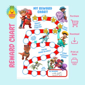 Pode incluir: Um gráfico de recompensas imprimível com um tema de dinossauros coloridos. O gráfico tem um caminho com círculos para colorir à medida que uma criança completa as tarefas. O gráfico inclui o texto "Meu gráfico de recompensas", "Você está na metade do caminho!" e "Você fez isso!"