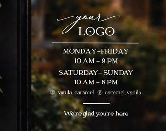 Custom Business Hours Vinyl Decal, Store Logo Window Sign, Glass Door Lettering