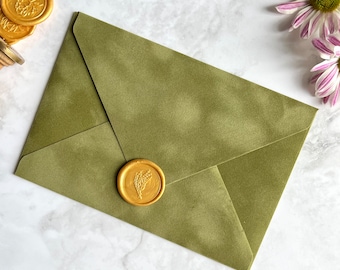 Olive Velvet Wedding Envelopes, Invitation Envelope 5.25" x 7.25"
