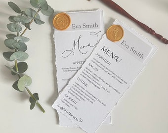 Deckled Edge Wedding Menu Card with Vellum Name Tag and Wax Seal