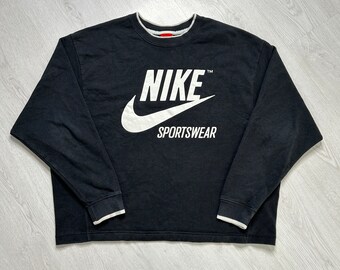 Nike (L) Sweat-shirt à col rond vintage des années 90 pour hommes pull sport noir - rétro années 80 90 00 Y2K