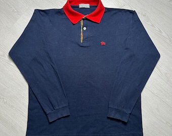 Burberry (M-L) Pull Polo à manches longues vintage homme des années 90 bleu marine - rétro années 80 90 00 Y2K