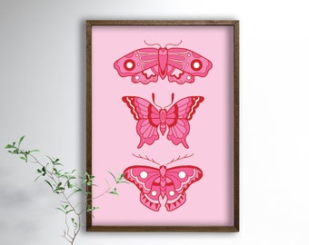 Pink butterfly wall art preppy room decor for teens, cute apartment decor maximalist wall art, funky art print aesthetic room decor