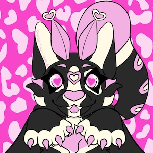 May include: A digital illustration of a black and white creature with pink accents and heart-shaped eyes. The creature has large ears with pink tips and a pink heart on its forehead. The background is pink with white heart shapes.