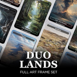 Puede incluir: Un conjunto de cartas con marco artístico completo que presentan diversos paisajes. Las cartas muestran escenas de un pantano, montaña, mar e isla. El texto "DUO LANDS" y "FULL ART FRAME SET" es visible.