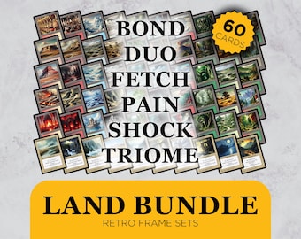Retro Frame Land Bundle - Custom Proxy Cards x60 (63mmx88mm) Bond Lands, Duo Lands, Fetch Lands, Pain Lands, Shock Lands, Triome Lands