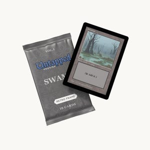 May include: A "Swamp" card with a retro frame, depicting a swamp scene with bare trees. Beside it is a grey foil pack labelled "Untapped Proxies" with "SWAMP" and "10 CARDS" printed on it. The card reads "(T: Add B.)".