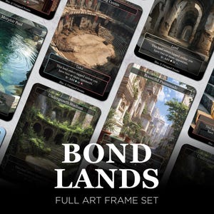 May include: A collection of fantasy art cards featuring various landscapes, including a pool, stadium, and promenade. The cards have a black border and text that reads "BOND LANDS FULL ART FRAME SET."