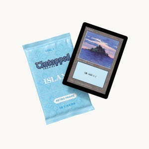 May include: A light blue pack of "Untapped Proxies" cards with the text "ISLAND" and "RETRO FRAME". Beside it is a card with an island landscape and the word "Island" at the top. The card has a black border and the text "Base Land - Island".