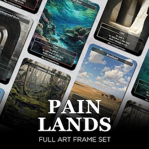 May include: A selection of fantasy art cards showcasing diverse landscapes such as an underwater reef, a forest, and a desert. The cards have a black border and feature the text "PAIN LANDS" and "FULL ART FRAME SET".