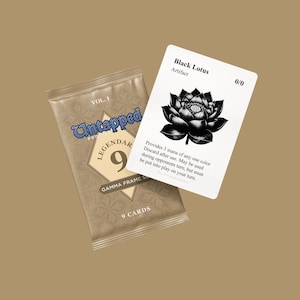 May include: A trading card pack and a single card on a tan background. The card reads "Black Lotus, Artifact" and features a black and white lotus flower illustration. The pack reads "Untapped Legendary 9 Cards".