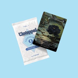 May include: A pack of "Untapped Proxies" cards with the text "LEGENDAR 9" and "FRAMELESS SET". A "Black Lotus" card is displayed, featuring a black flower illustration. The cards are on a light blue background.