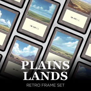 May include: A selection of "Plains" cards from a retro frame set. Each card displays a landscape painting of a blue sky with clouds and a field. The text "PLAINS LANDS RETRO FRAME SET" is shown in white.