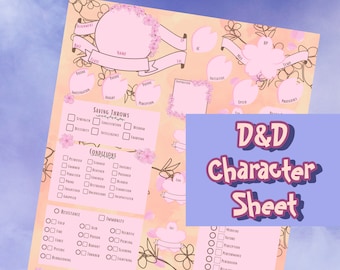 May include: A pink and peach character sheet for Dungeons and Dragons (D&D) with a floral design. The sheet includes sections for character information, saving throws, conditions, resistance, and immunity.