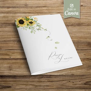 Può includere: Un libretto bianco con un design di girasole ad acquerello e il testo "Renzo & Lucia" in corsivo. Il libretto ha un logo Canva verde nell'angolo in alto a destra. Lo sfondo è una superficie di legno.