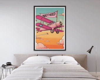 Unbothered Plane Girly Wall Art, Pink Preppy Aesthetic Room Decor, Vintage Art Digital Download, Cute Apartment Dorm Decor