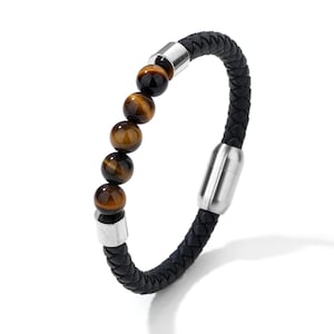 Bracelet en cuir avec pierre oeil de tigre en acier inoxydable 316L, perles de pierres précieuses