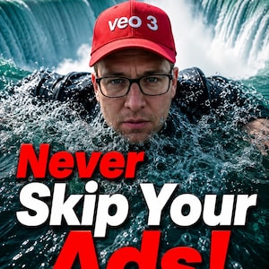 Może przedstawiać: Mężczyzna w czerwonej czapce z daszkiem z napisem "yeo 3" jest zanurzony w wodzie, w tle wodospad. Obraz zawiera tekst "Never Skip Your Ads!" w kolorze czerwonym i białym.