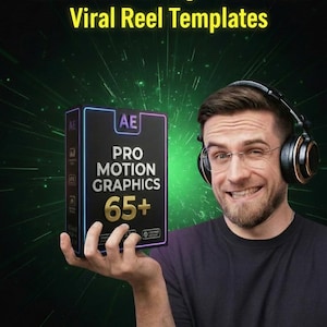 May include: Image features a man wearing headphones, holding a black box with the text "PRO MOTION GRAPHICS 65+". The box has a neon blue and purple border. The text "Save Time Editing - Use These Viral Reel Templates" is at the top.
