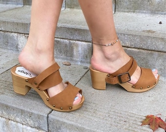 Brown Leather Heeled Clogs, Strappy Platform Mules, Women's Dress Shoes