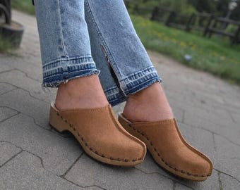 Brown Suede Leather Clogs: Swedish Slingback Sandals, Platform Mules for Women