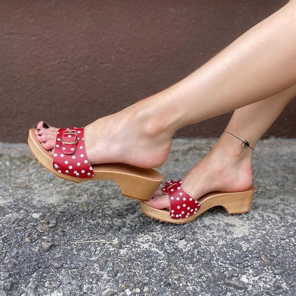 Open Toe Clogs, Red Sandals, Wood Clogs, Red Dots Mules, Platform Flip Flops, Slingback Sandals, Zoccoli, Leather Mules