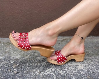 Open Toe Clogs, Red Sandals, Wood Clogs, Red Dots Mules, Platform Flip Flops, Slingback Sandals, Zoccoli, Leather Mules