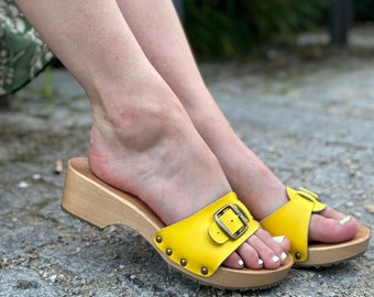 Handcrafted Yellow Leather Platform Flip Flops: Custom Open Toe