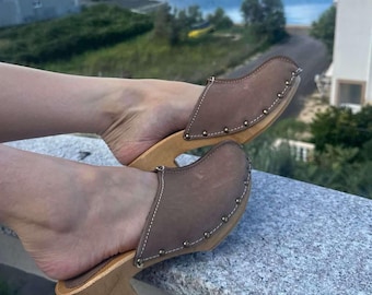Nubuk Leather High Heel Clogs, Wooden Platform Sandals
