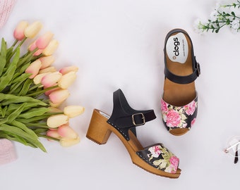 Black High Heel Clogs, Platform Sandals for Women - Stylish Swedish Handmade Peep Toe Clogs