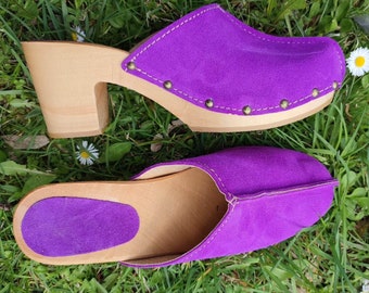 Elegant High Heel Mules Purple Suede Clogs, Platform Sandals & Leather Pumps, Wedge Heels for Women