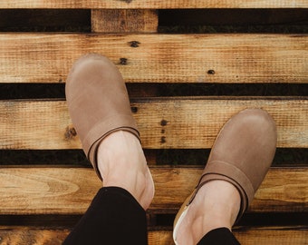 Handmade Wooden Clogs: Brown Nubuk Leather Mules, Slingback Shoes & Platform Sandals