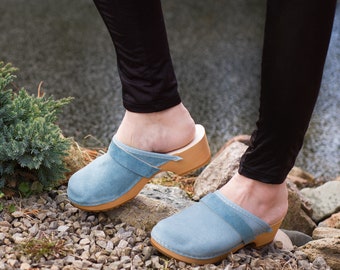 Handmade Suede Leather Clogs for Women: Wooden Sole Clog Mules, Comfortable Nursing Shoes