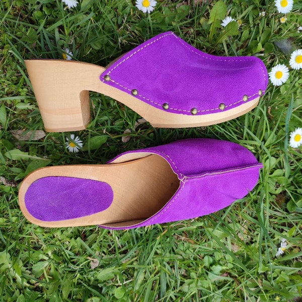 High Heel Purple Suede Clogs, High Heel Mules, Swedish Clogs, Platform Sandals, Platform Clogs, Wedge Heel Sandals, Zoccoli