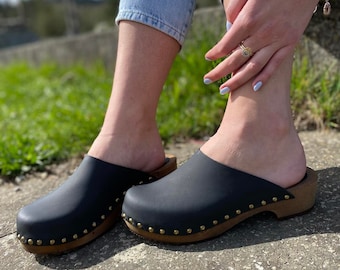Womens Black Clogs, Wedge Sandals, Clogs with Studs, Nubuk Leather Womens Summer Sandals, Swedish Clogs, Black Mules